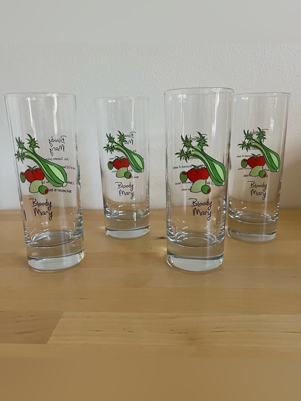 Vintage Set of 4 Bloody Mary Cocktail Glasses with Recipes